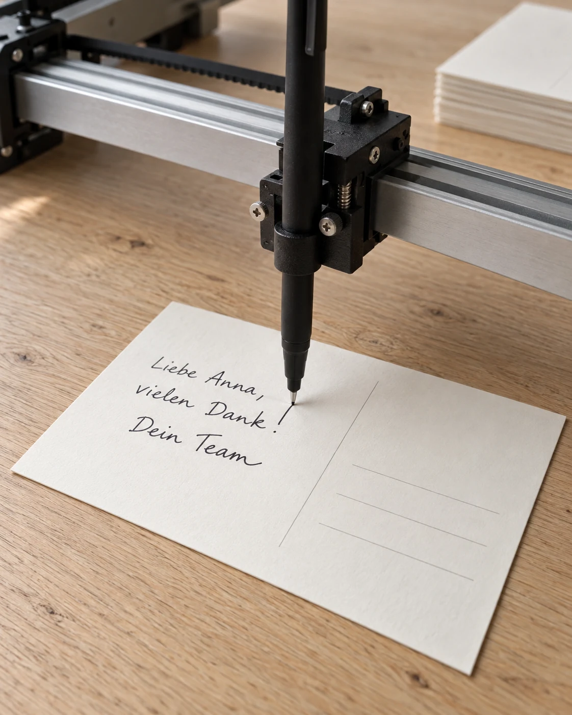 Stiftplotter schreibt eine handgeschriebene Postkarte auf einem Holzschreibtisch